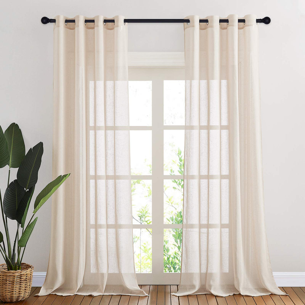 Nicetown 90 Inch Beige Curtains Linen Sheer Faux Flax Window Drapes, Grommet Decorative Keep Privacy Semi Sheer With Light Filte