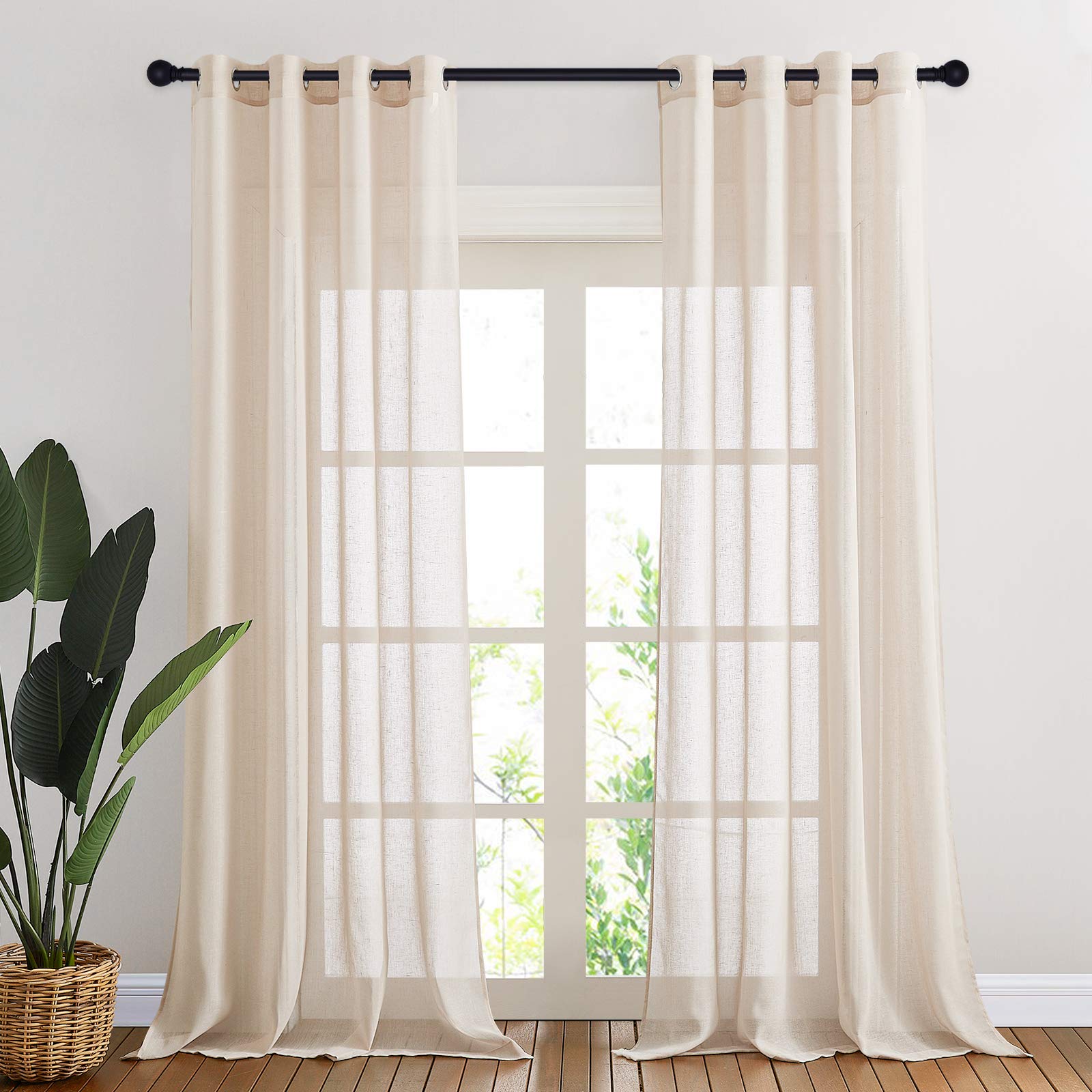 Nicetown 90 Inch Beige Curtains Linen Sheer Faux Flax Window Drapes, Grommet Decorative Keep Privacy Semi Sheer With Light Filte