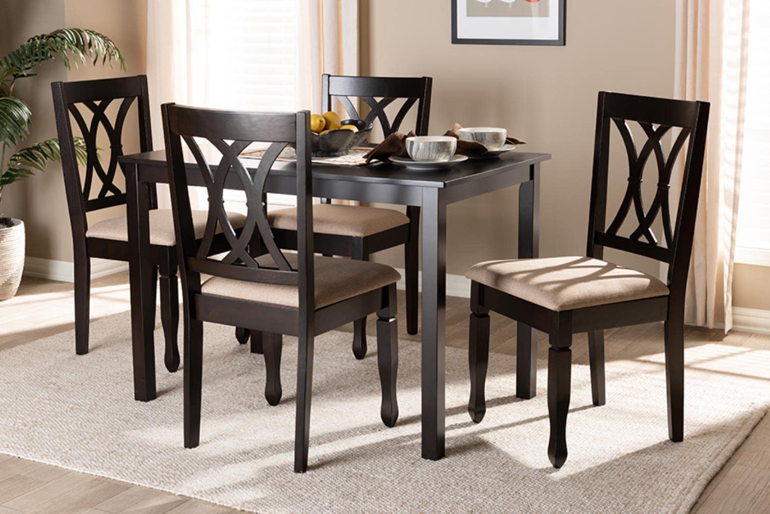 Baxton Studio Reneau Modern and Contemporary Sand Fabric Upholstered Espresso Brown Finished Wood 5-Piece Dining Set
