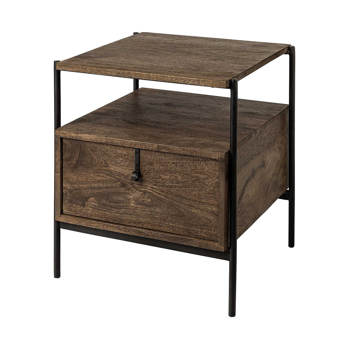 HomeRoots Square Top End Table with Dark Brown Wood and Iron Black Frame