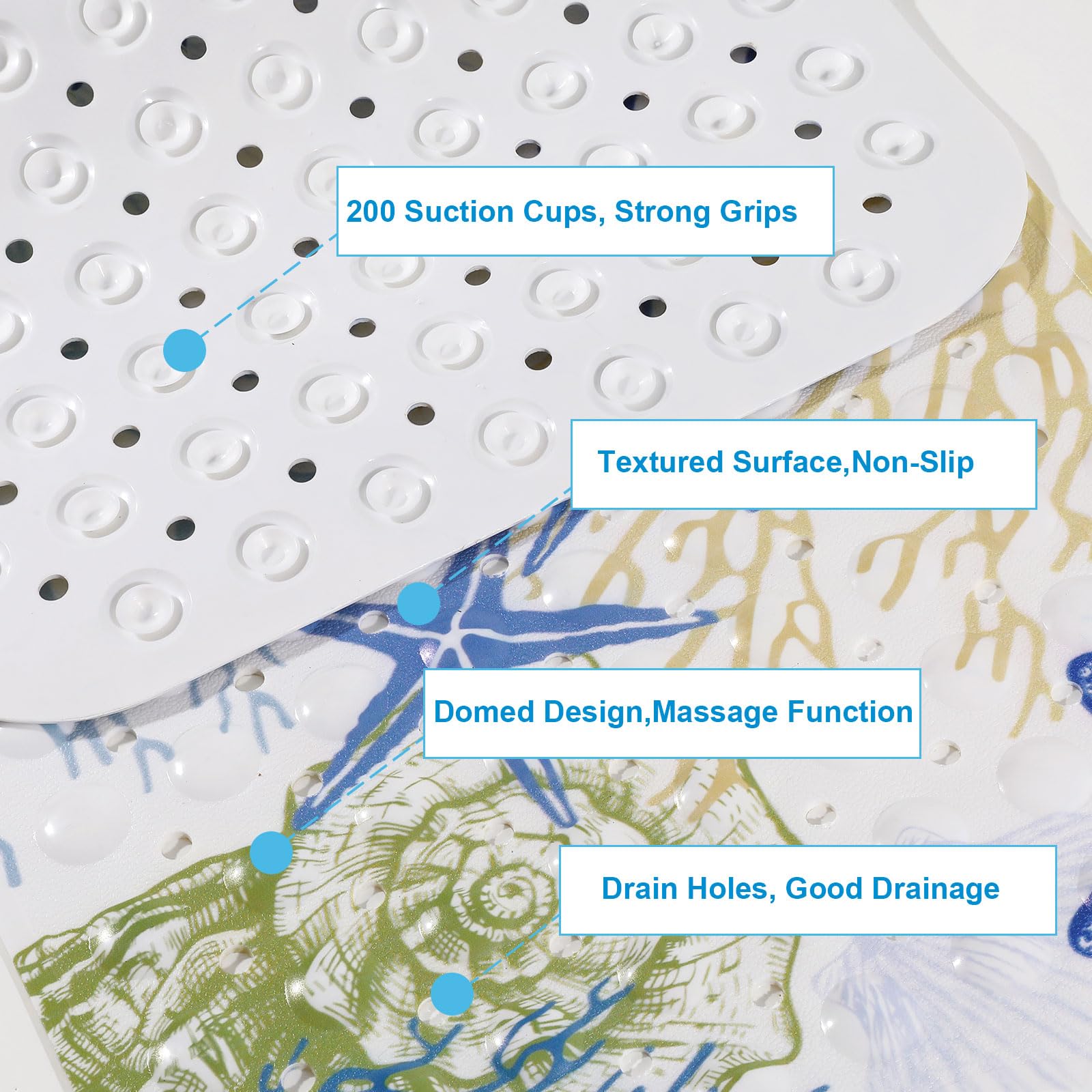 Topotdor Nautical Coastal Bathtub Mat Non Slip For Shower Tub, 40 X 16 Inch Extra Long Bath Mat For Elderly & Kids, Machine Wash