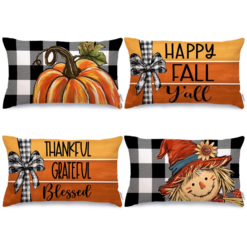 Geeory Fall Throw Pillow Covers 12X20 Inch Set Of 4, Pumpkin Scarecrow Buffalo Plaid Orange Autumn Seasonal Decorative Farmhouse