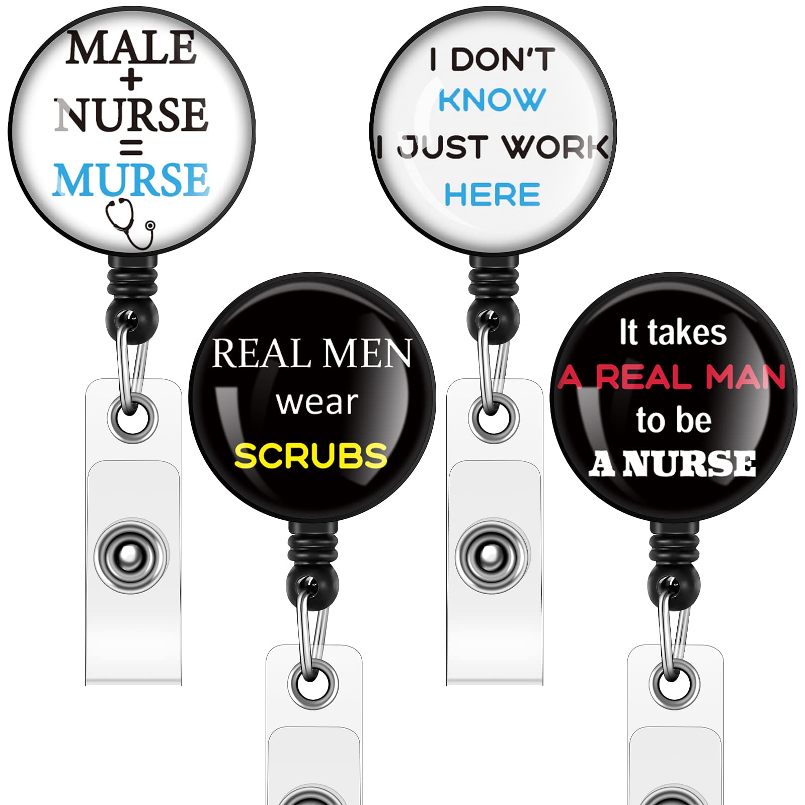 4 Pieces Male Nurse Retractable Id Badge Reel, I Don'T Know I Just Work Here, It Takes A Real Man To Be A Nurse, Murse Funny Bad