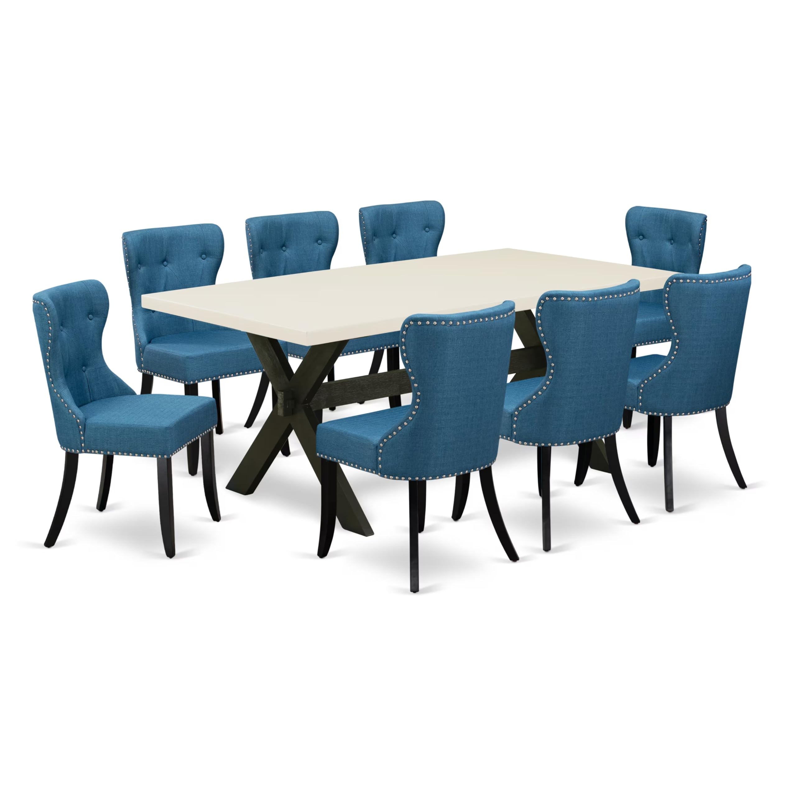 East West Furniture X627Si121-9 9 Piece Dining Table Set Includes A Rectangle Dining Room Table With X-Legs And 8 Blue Linen Fabric Upholstered Parson Chairs, 40X72 Inch, Multi-Color