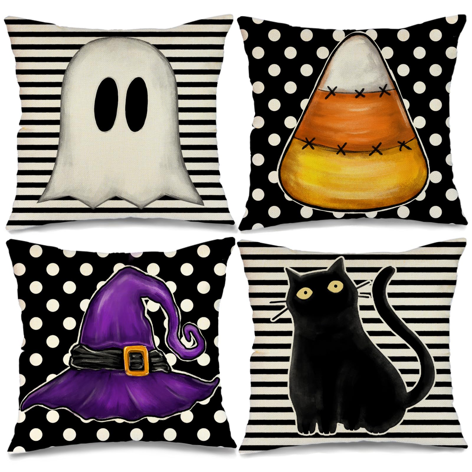 Geeory Halloween Pillow Covers 18 X 18 Inch Set Of 4, Striped Polka Dot Spooky Ghost Black Cat Witch Hat Decorative Throw Pillow