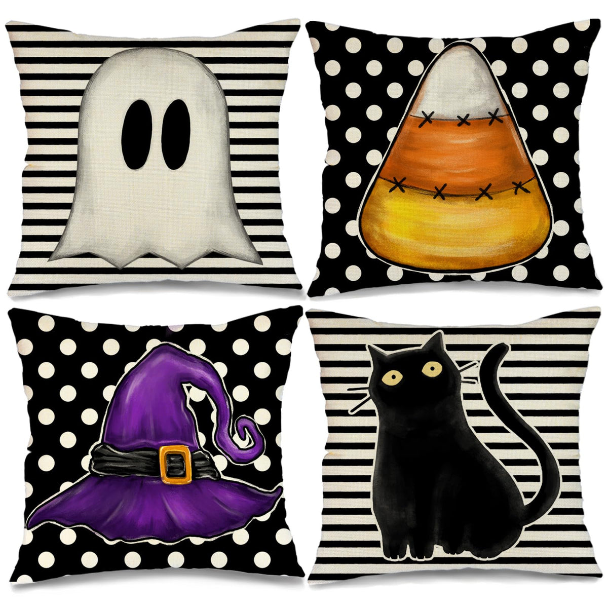 Geeory Halloween Pillow Covers 18 X 18 Inch Set Of 4, Striped Polka Dot Spooky Ghost Black Cat Witch Hat Decorative Throw Pillow