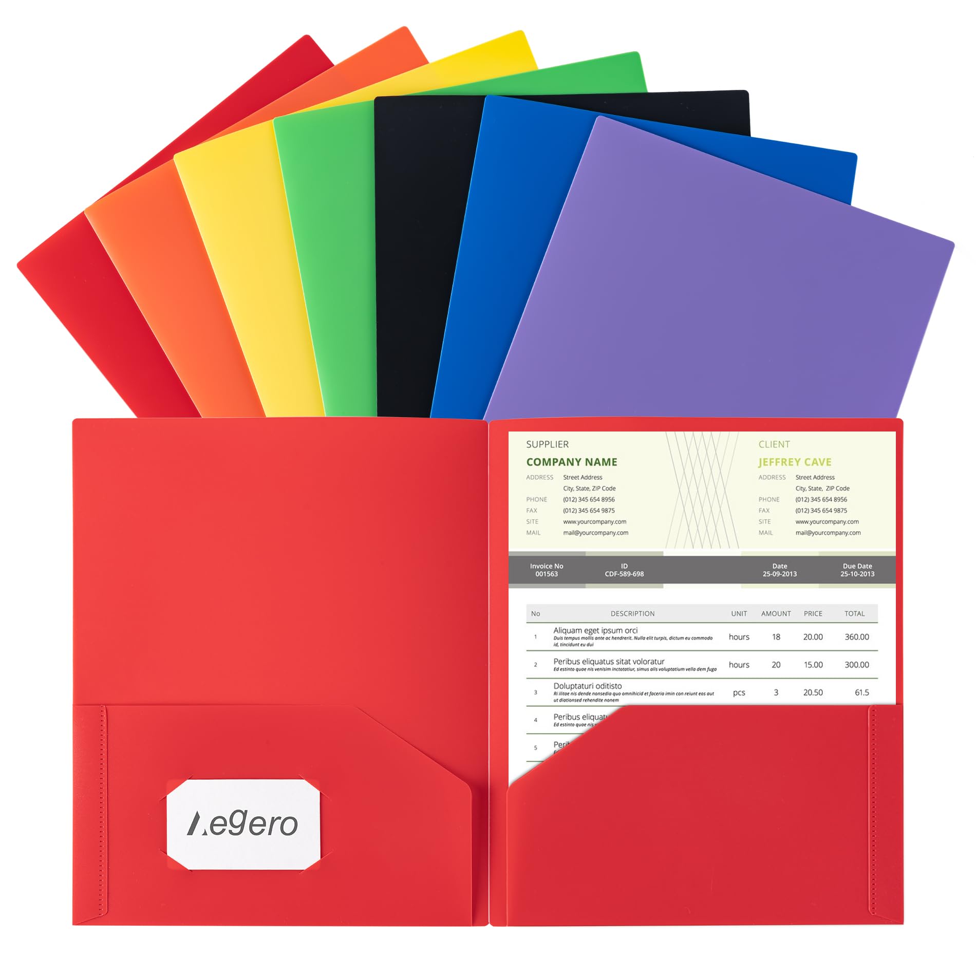 Aegero Plastic Folders With Pockets (7 Pack, Assorted Colors), Durable Heavy Duty File Folders With Business Card Slot, 2-Pocket