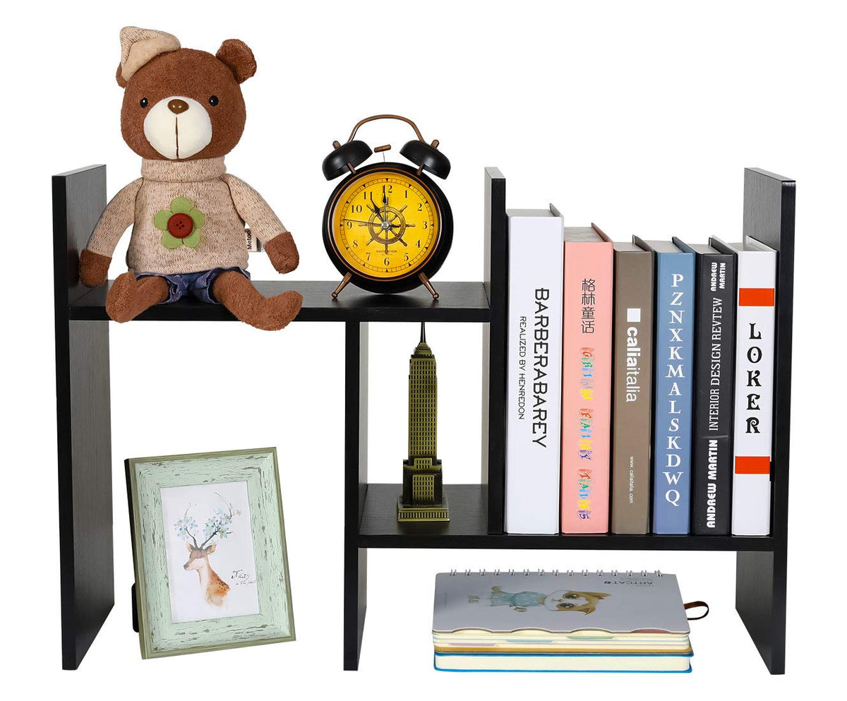Pag Adjustable Desktop Shelf Wood Small Bookshelf Desk Supplies Organizers And Accessories Storage Display Rack Office Decor, Bl