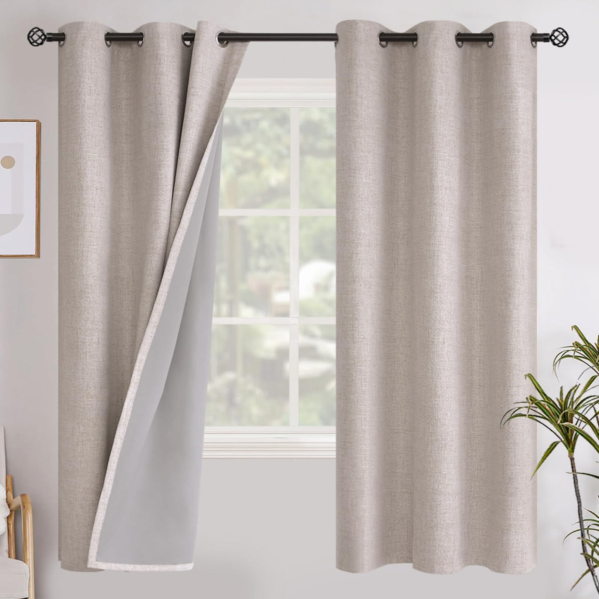 Youngstex Linen Blackout Curtains For Bedroom 72 Inches Length, Full Room Darkening Natural Linen Textured Black Out Window Drap