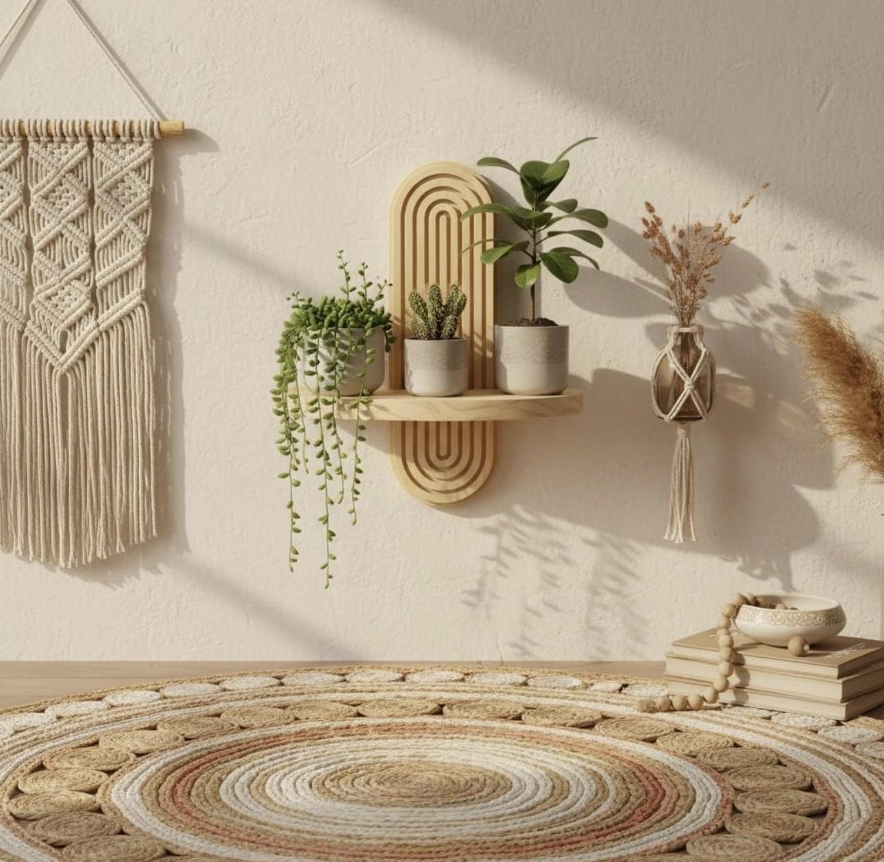 Soulwood By Nandika Boho Wooden Wall Shelf, Geometric Wall Mounted Shelf, Natural Wood Finish, Modern Home Decor For Plants And 