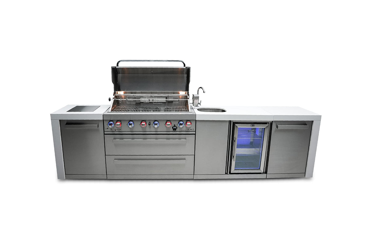 Mont Alpi Mai805-Dbev 44-Inch 6 Burner 115000 Btu Deluxe Gas Outdoor Kitchen Island Barbecue Grill With Beverage Center + Infrar