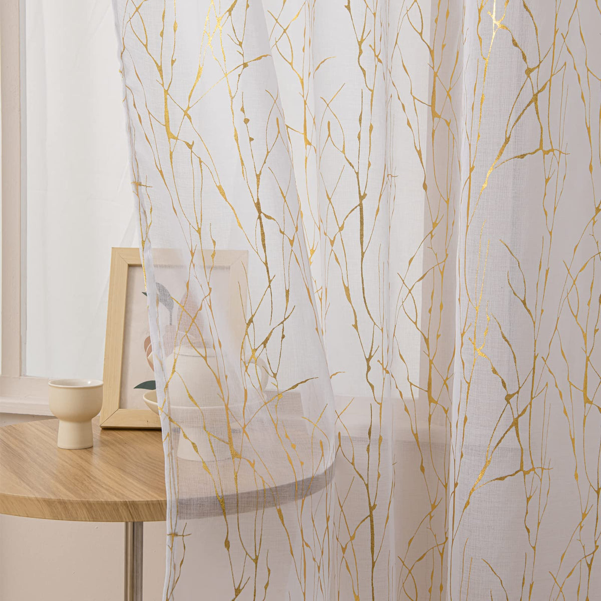 Deeprove White Sheer Curtains 63 Inch Length 2 Panels, Tree Branch Gold Foil Print Metallic For Bedroom Living Room Xmas Artisti