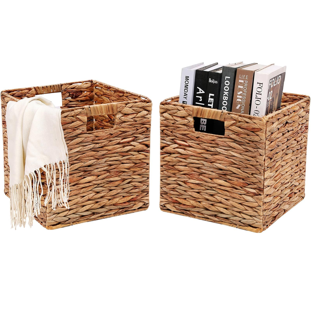 HOYCYA6 Collapsible Wicker Storage Basket with Handles, 11x11in, 2 Pack
