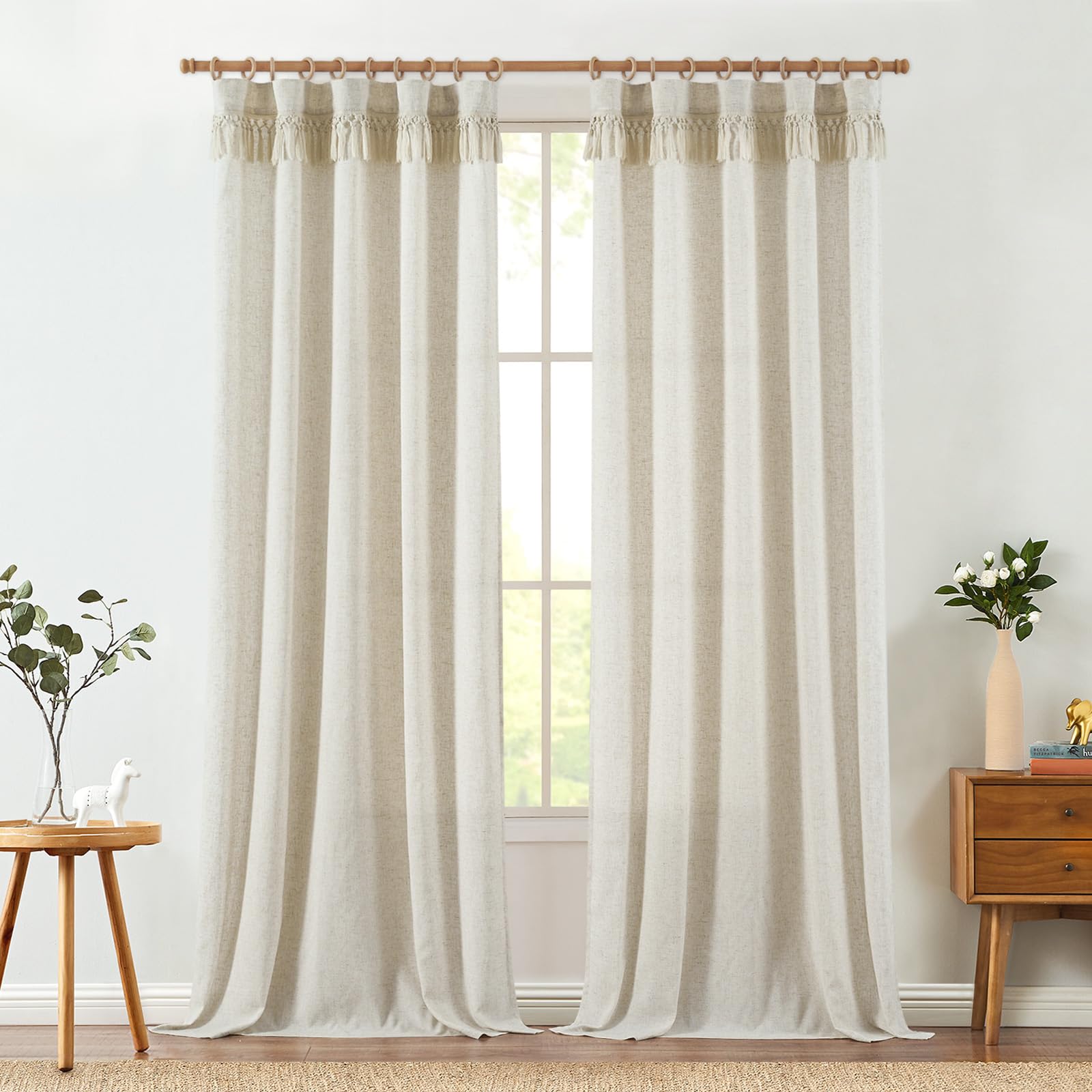 Jinchan Linen Blend Curtains With Tassels, Curtains For Living Room 96 Inches Long, Boho Curtains, Rod Pocket Back Tab Flax Farmhouse Curtains For Bedroom Light Filtering Window Curtain Set 2 Panels