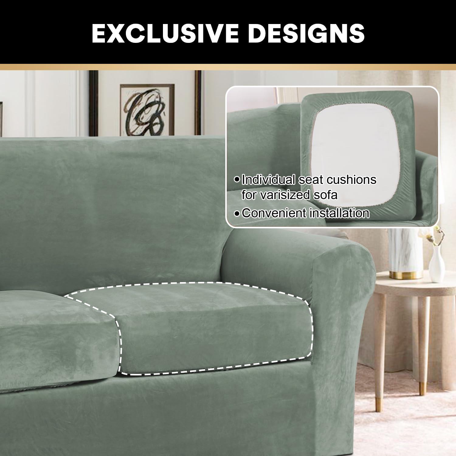 Princedeco 4 Pieces Couch Covers Velvet Couch Covers For 3 Cushion Sofa Soft Furniture Protector With Non Slip Elastic Bottom Washable Couch Covers Width Up To 90 Inch(Large, Seagrass)