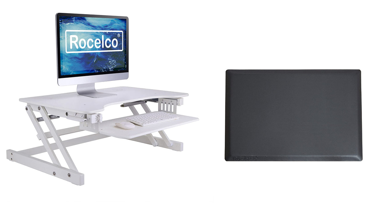 Rocelco 32&quot; Height Adjustable Standing Desk Converter with Anti Fatigue Mat BUNDLE | Sit Stand Up Dual Monitor Riser | Computer Workstation | Large Retractable Keyboard Tray | White (R ADRW-MAFM)