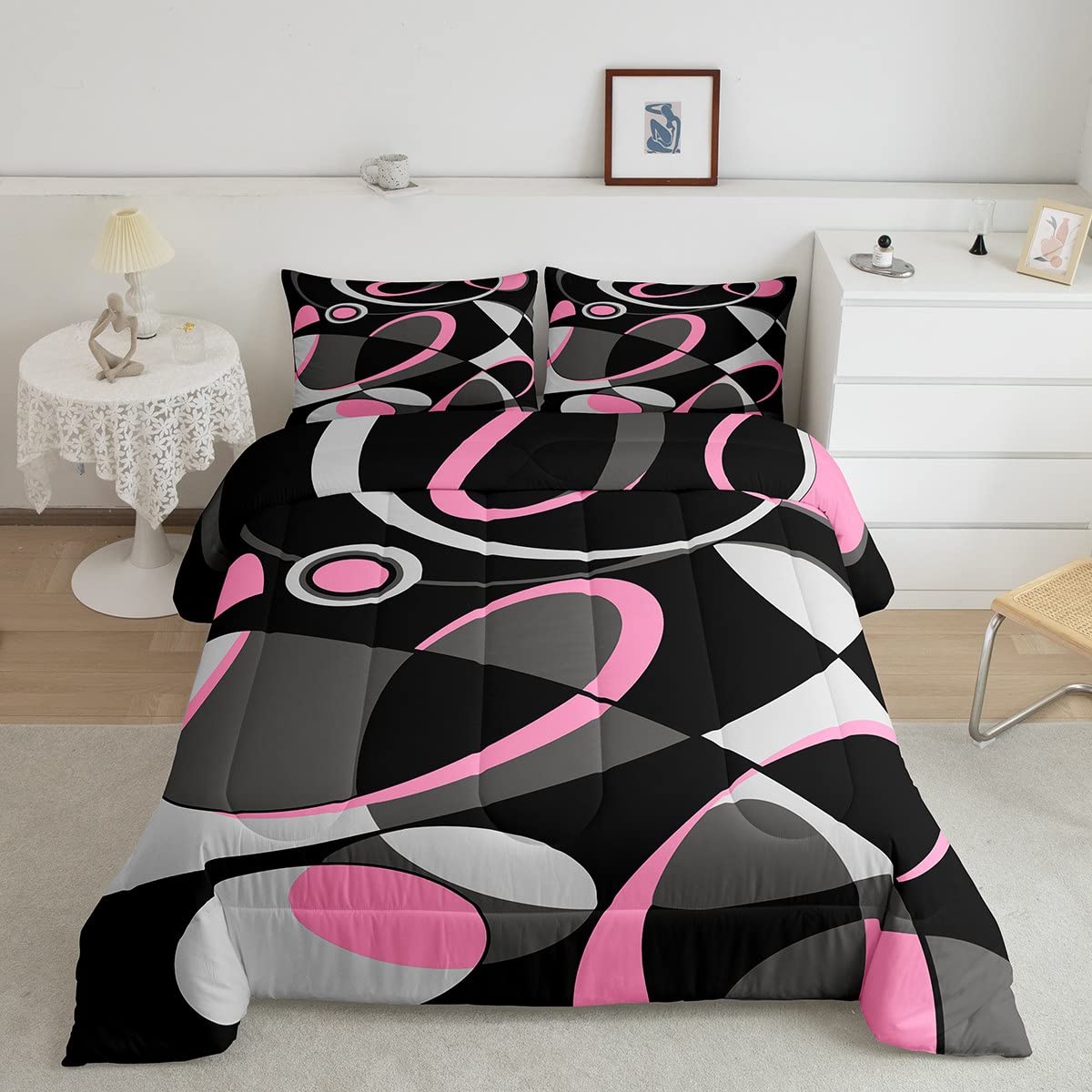 Feelyou Pink Grey Black Comforter Retro Circle Geometry Comforter Set Modern Abstract Art Bedding Set For Kids Boys Girls Geomet