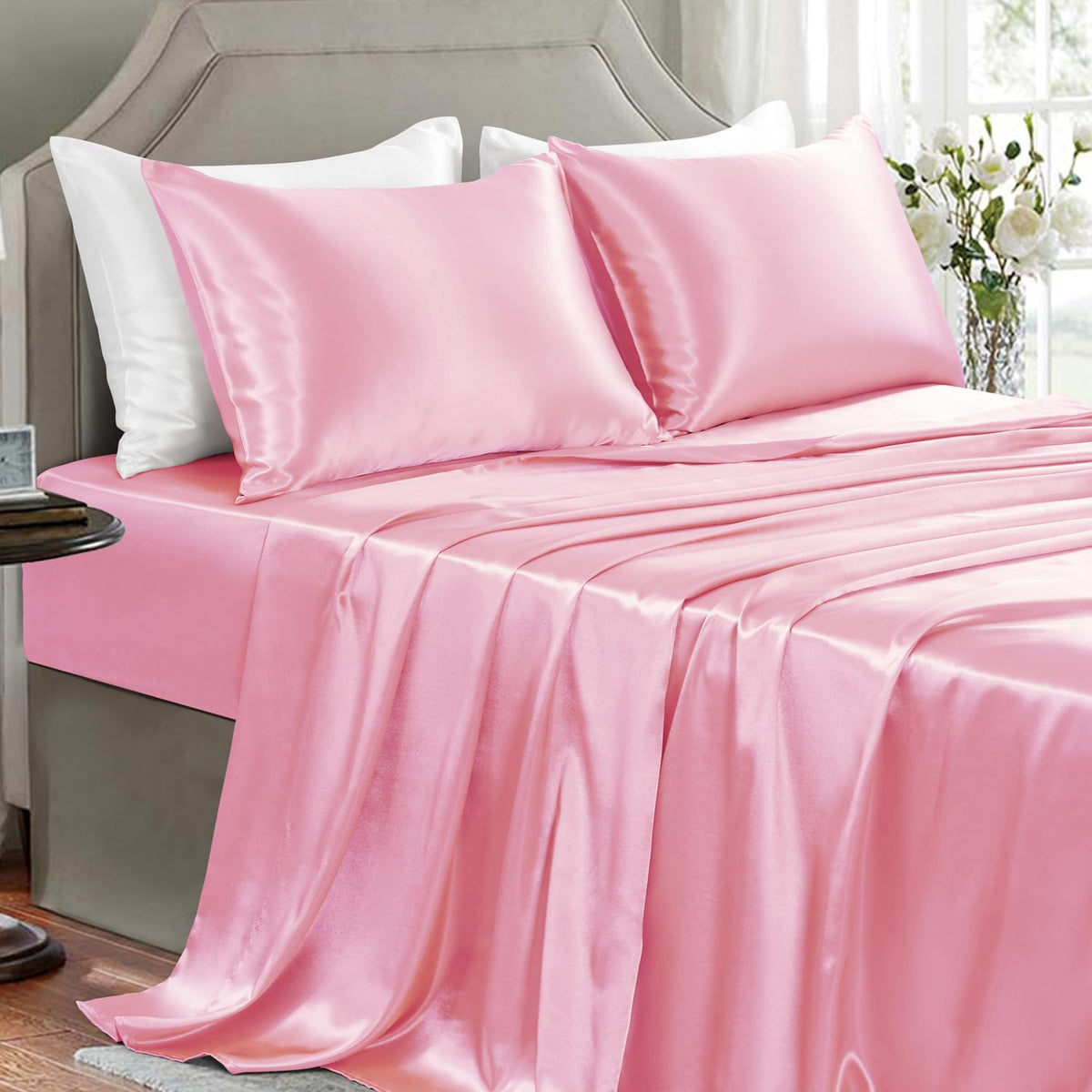 Golal Satin Sheets California King Size - 4 Pieces Luxury Silky Soft Bed Sheets, Wrinkle-Free Light Pink Satin Silk Sheet Set Wi