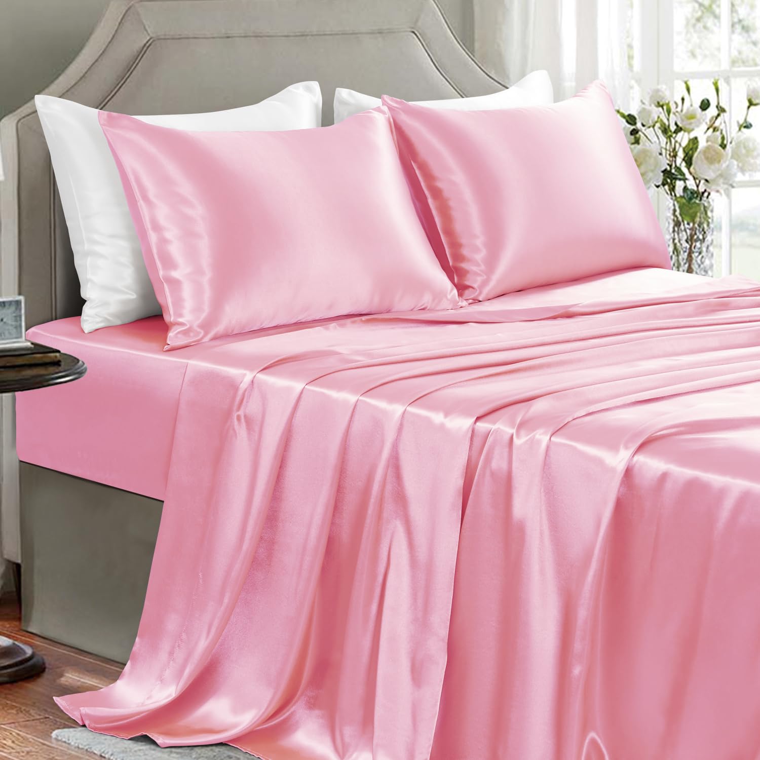 Golal Satin Sheets Queen Size - 4 Pieces Luxury Silky Soft Bed Sheets, Wrinkle-Free Light Pink Satin Silk Sheet Set With 1 Deep Pocket Fitted Sheet, 1 Flat Sheet, 2 Pillow Cases