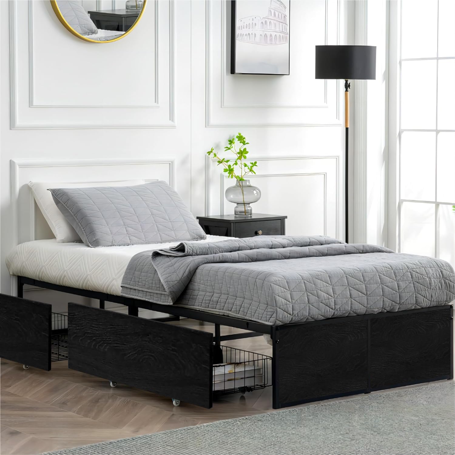 Gazhome Twin Bed Frame With 2 Xl Storage Drawers, Metal Platform Bed Frame With Footboard, 9 Strong Metal Slat Support/No Box Spring Needed/Easy Assembly/Space Saving,Black