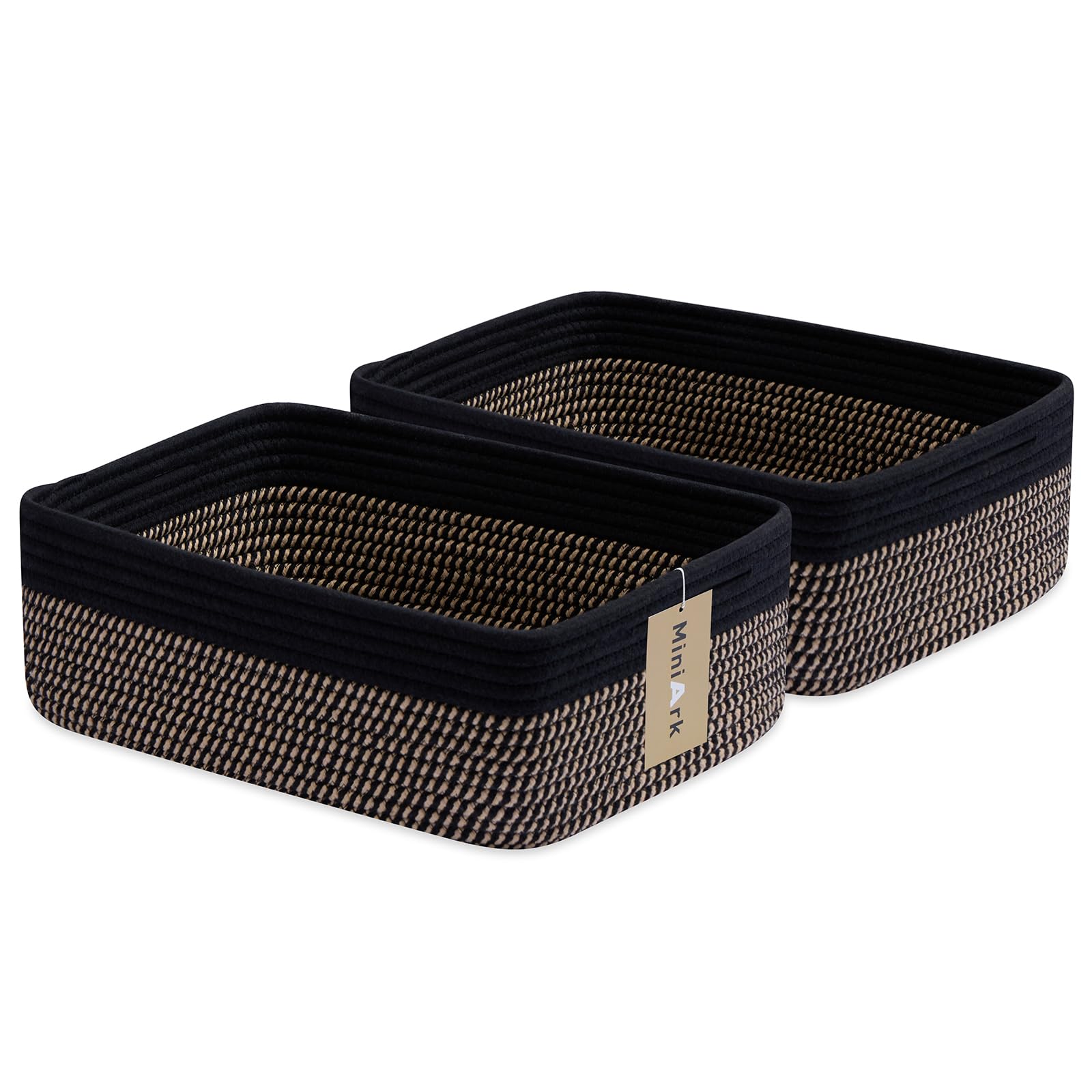 MiniArk Large Shallow Organizing Baskets 15x11x5.1 Inches - Rope Woven Storage Bins for Bathroom, Shelves, Cube Closet, Black Wo