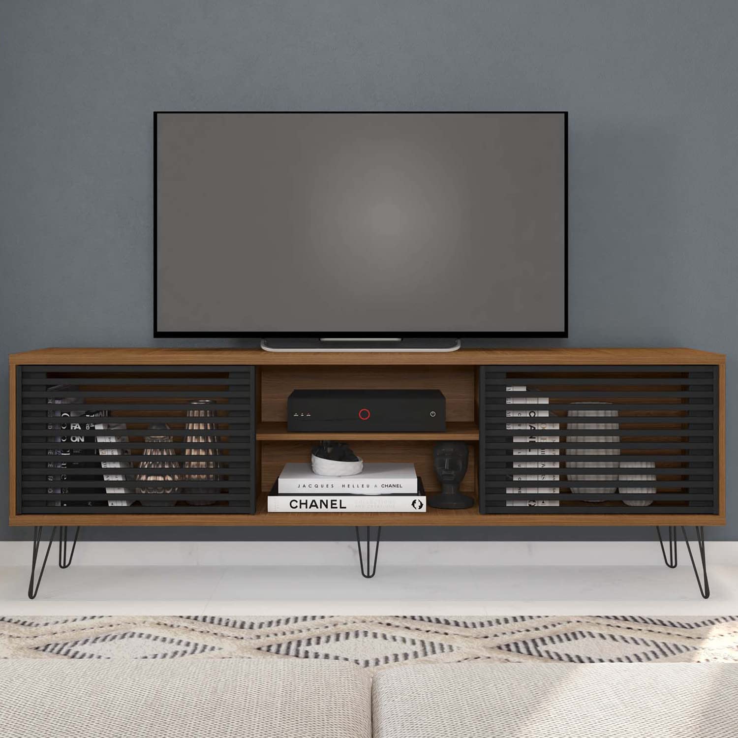 Better Home Products Frizz Mid-Century Modern Tv Stand For Up To 70 Inches Tv In Dark Walnut And Black/Easy Assembly