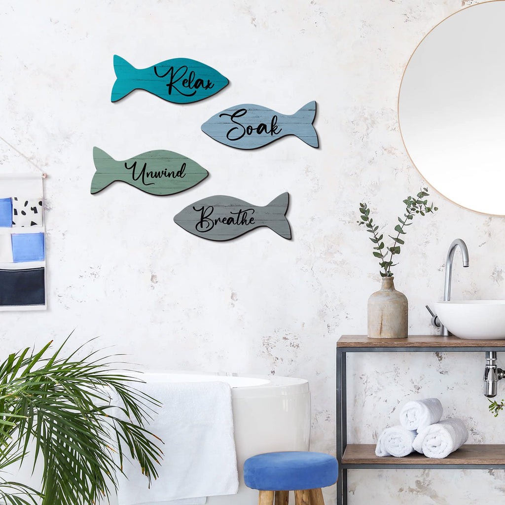 4 Pcs Beach Bathroom Decor Wooden Fish Wall Decor Coastal Bathroom Decor Wall Art Sign Relax Soak Unwind Coastal Wall Decor Fish