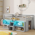 Giantex Low Loft Bed with LED Lights, Wooden Loft Bed Twin Size with Stairs & Safety Guardrail, Loft Bed for Kids with Storage B