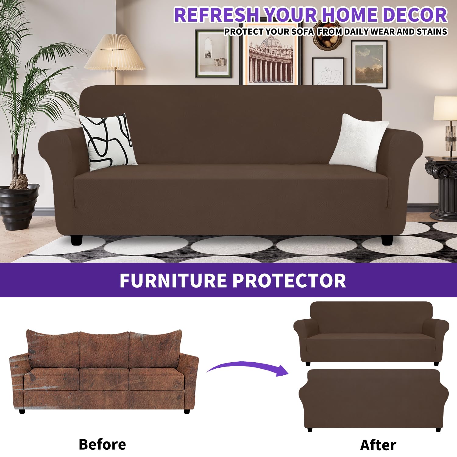 Znsayotx Super Stretch Sofa Cover (71'-91'), New Striped Sofa Covers Fitted Slipcovers With Elastic Bottom, Dog Cat Pets Proof Spandex Washable Fabric Comfortable & Durable (Coffee, Sofa)