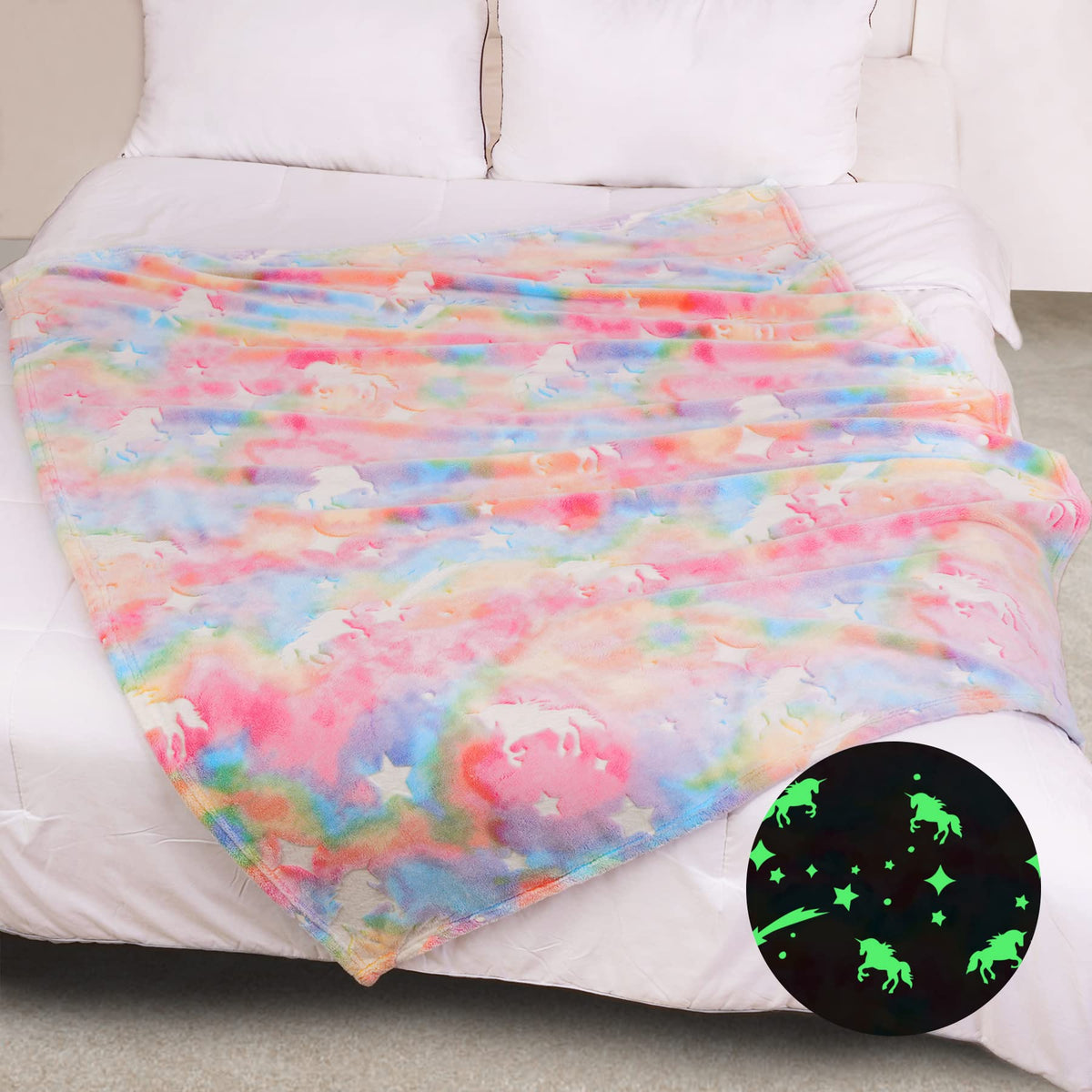 Mermaker Glow In The Dark Blanket Unicorns Gifts For Girls, 300 Gsm Unicorns Luminous Blanket For Girls, Soft Fleece Throw Blank