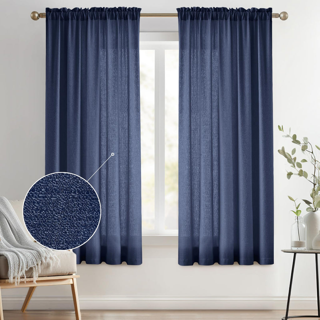 Melodieux Navy Semi Sheer Curtains 72 Inches Long for Bedroom, Living Room Linen Look Privacy Window Rod Pocket Sheer Drapes, 52