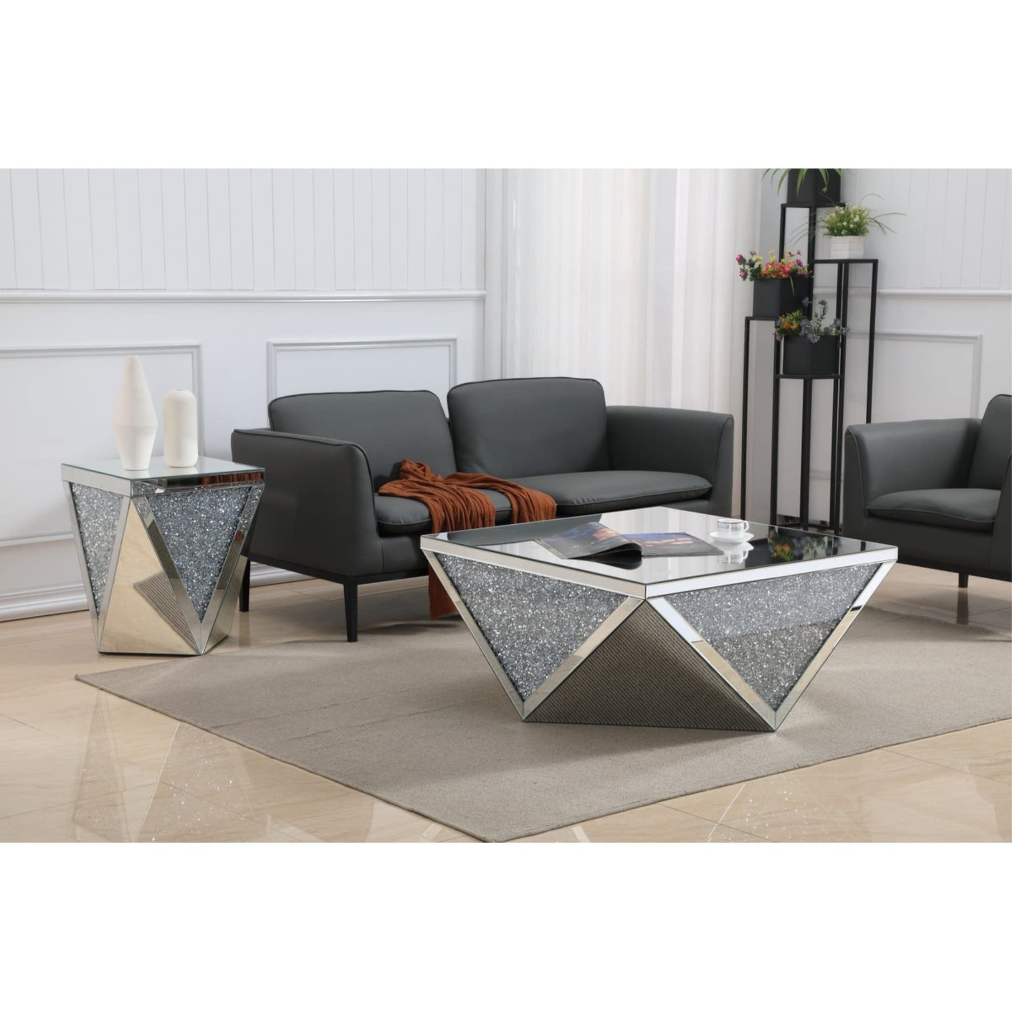 Elegant Decor Modern 38" Square Polygonal Silver Crystal Mirrored Coffee Table