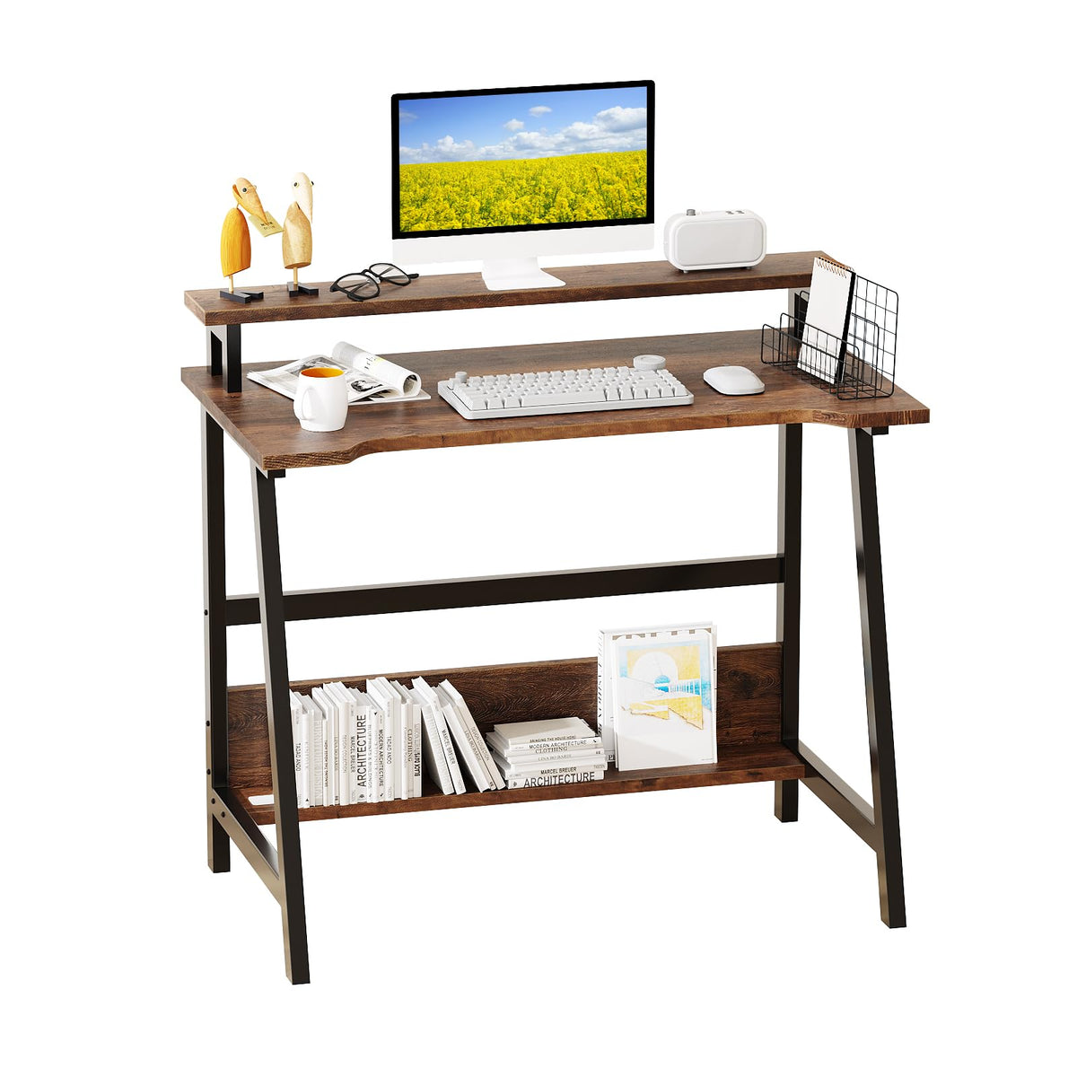 Alisened Computer Home Office Desk, 31.5' Desk For Small Spaces With Storage Shelf,Small Computer Desk With Monitor And Bookshelf, Modern Simple Style Laptop Desk