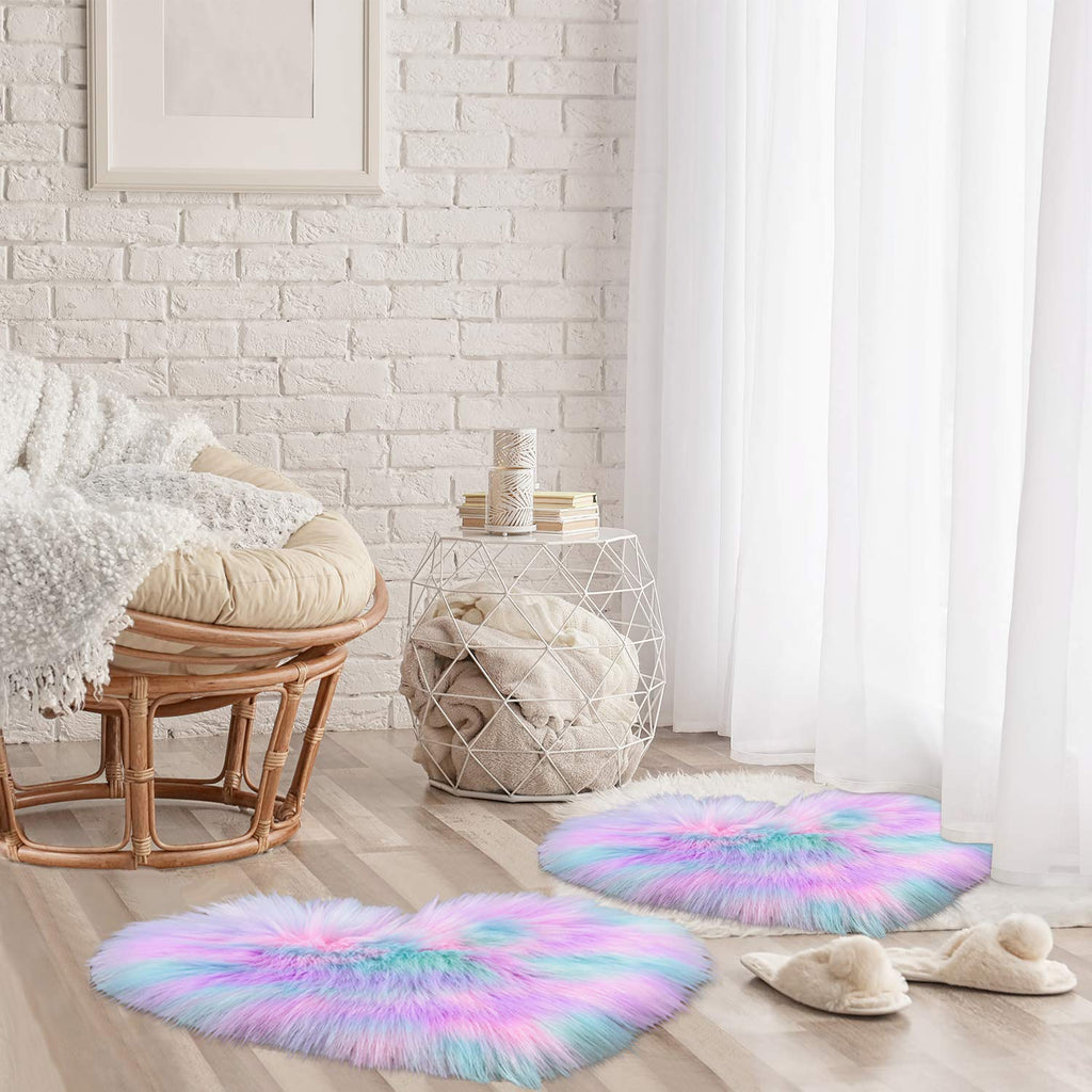 Mudder 2 Pieces Heart Shaped Rug Faux Room Fluffy Carpet Heart Shaped Door Mat For Room Bedroom, 12 X 16 Inch(Pink, Purple, Gree