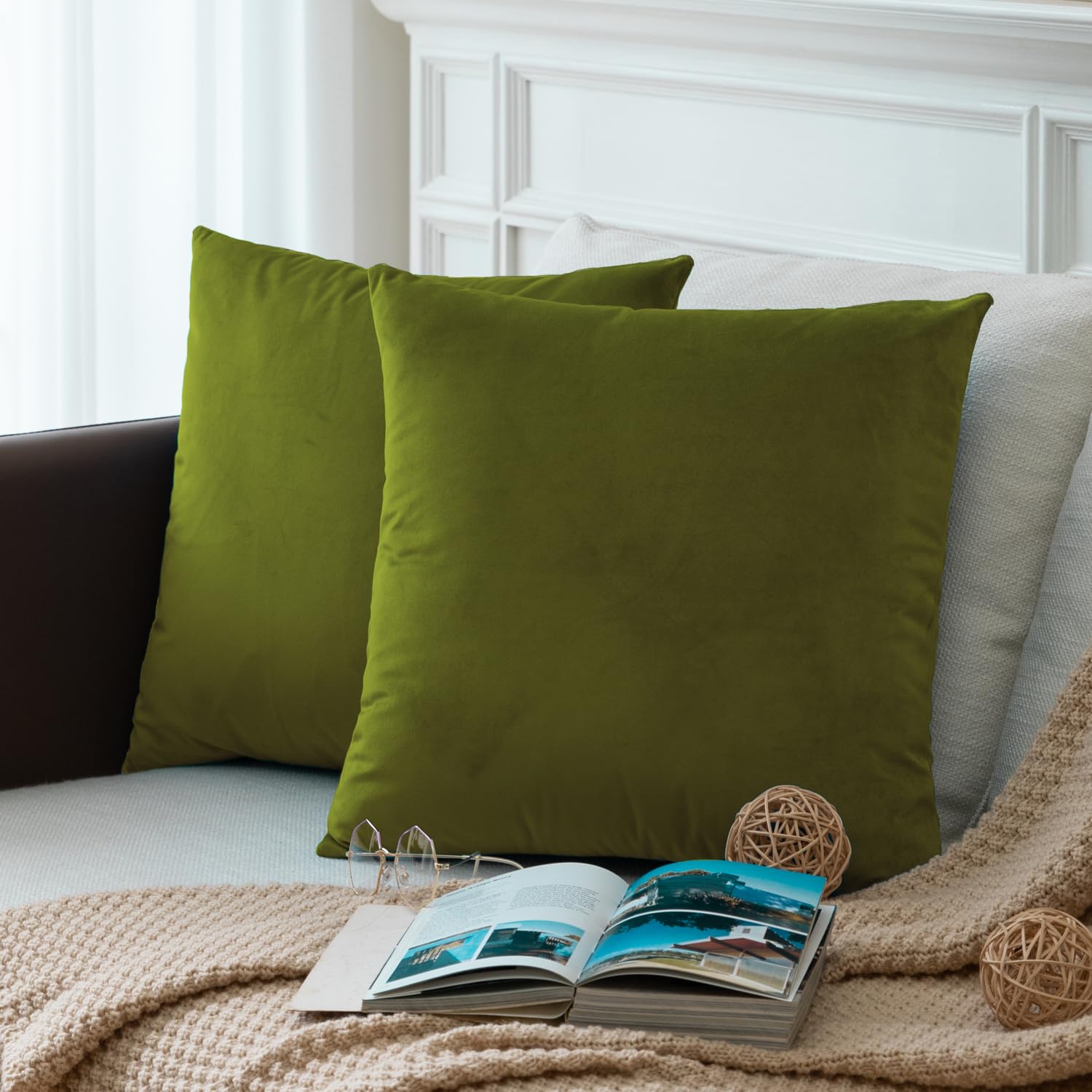 Colormz Set Of 2 Moss Green Colored Cozy Velvet Throw Pillow Covers For Bed And Couch - 18'X18'