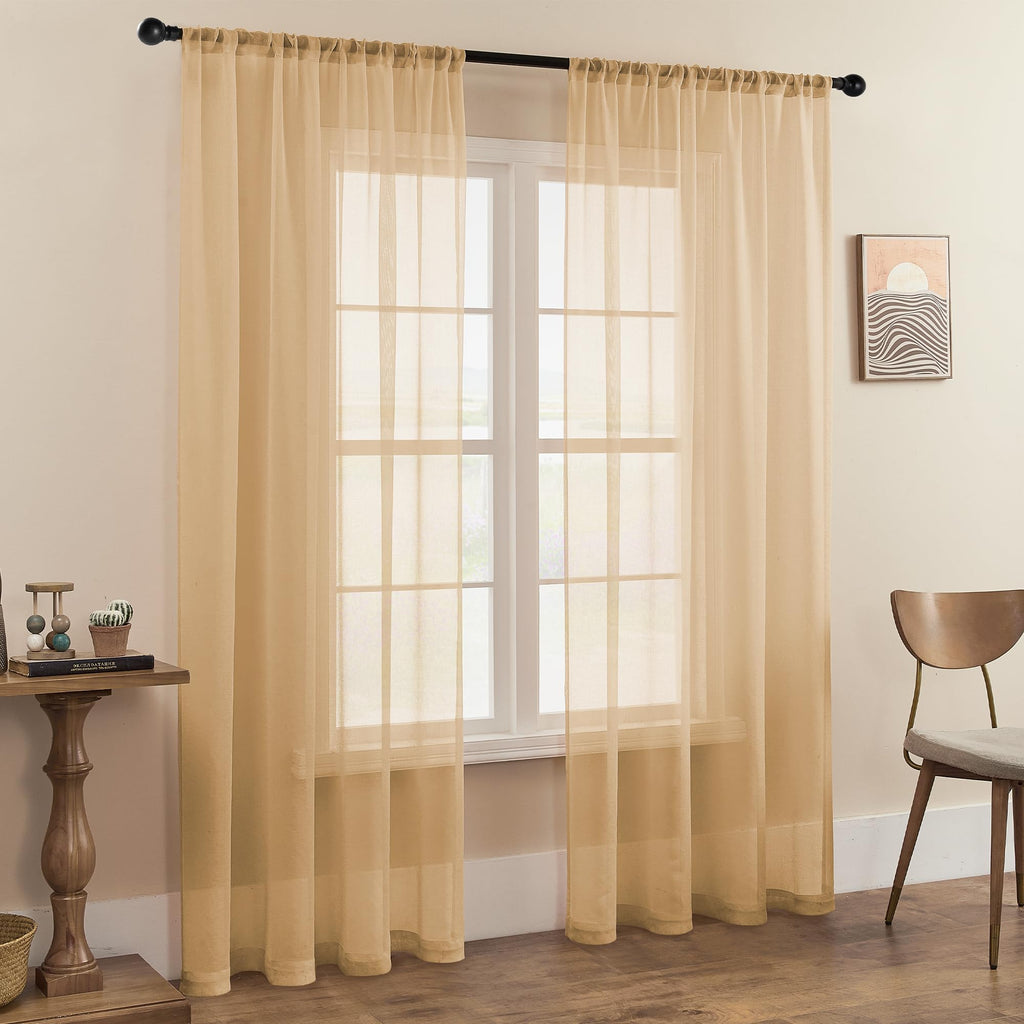 Mrtrees Sheer Curtains 84 Inch Length Living Room Bedroom Curtain Panels Rod Pocket Transparent Voile Sheer Beige Window Treatme