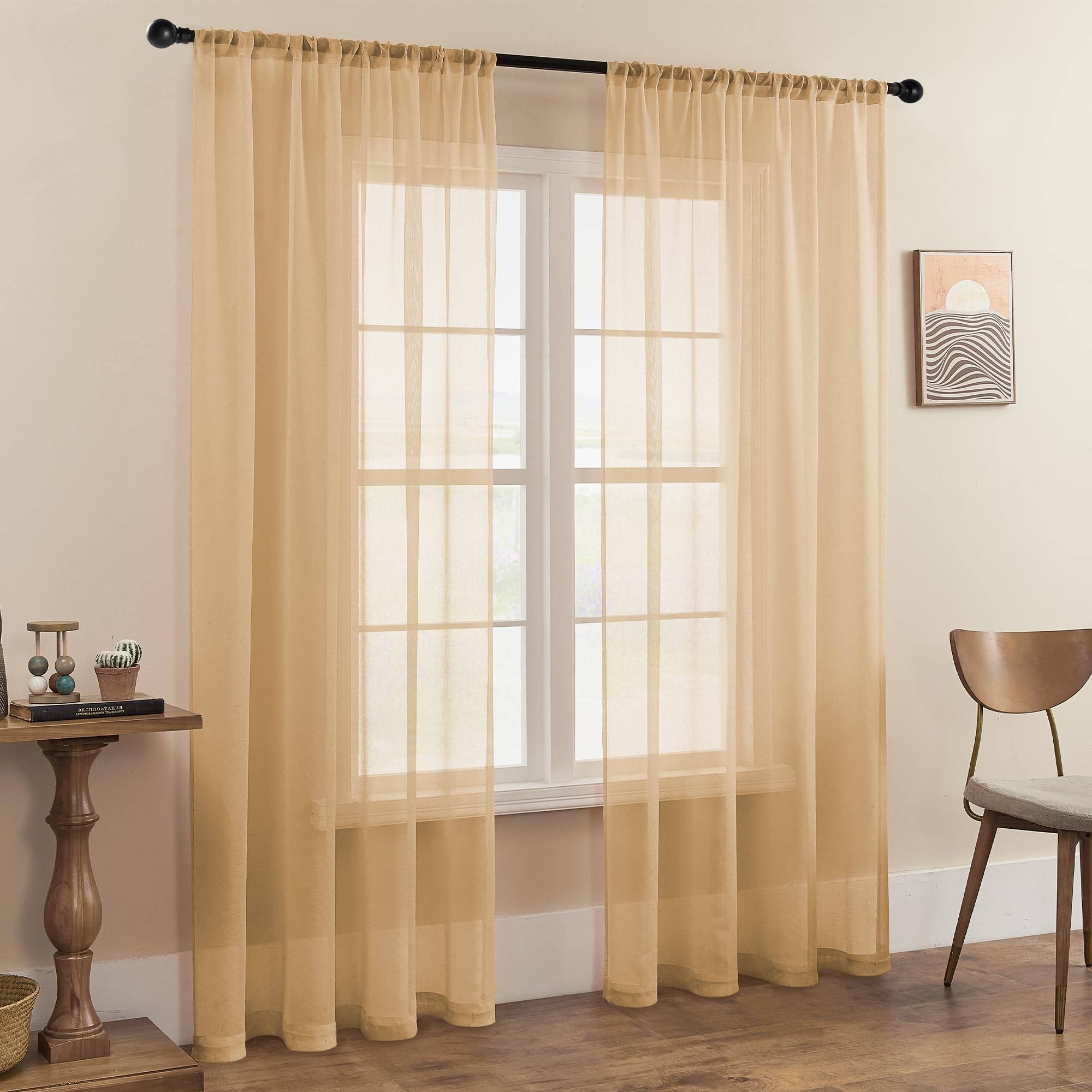 Mrtrees Sheer Curtains 84 Inch Length Living Room Bedroom Curtain Panels Rod Pocket Transparent Voile Sheer Beige Window Treatme