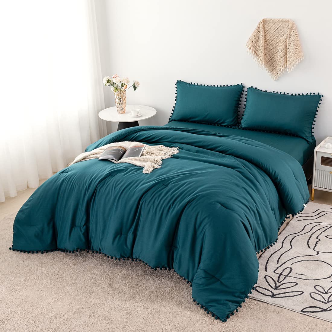 Perfemet Teal Bed In A Bag Twin Size 5 Pieces Boho Pom Pom Comforter Set With Sheets For Girls Kids Fluffy Soft Microfiber Solid