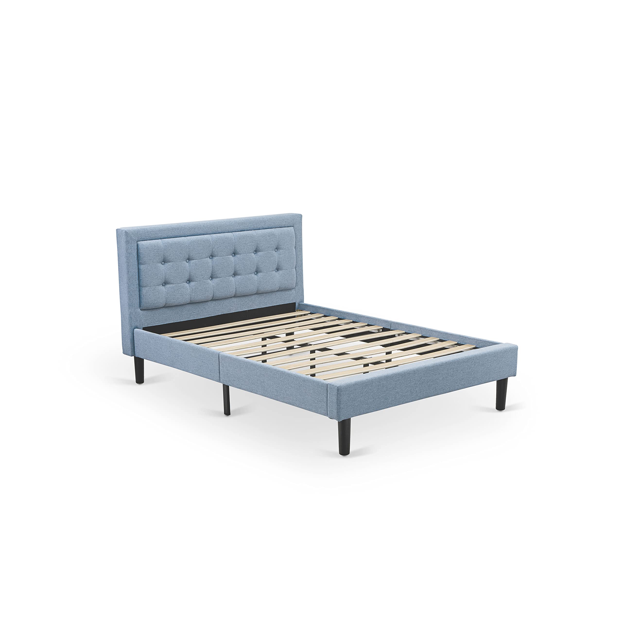 East West Furniture FNF-11-F Platform Full Bed Frame - Denim Blue Linen Fabric Upholstered Bed Headboard with Button Tufted Trim Design - Black Legs