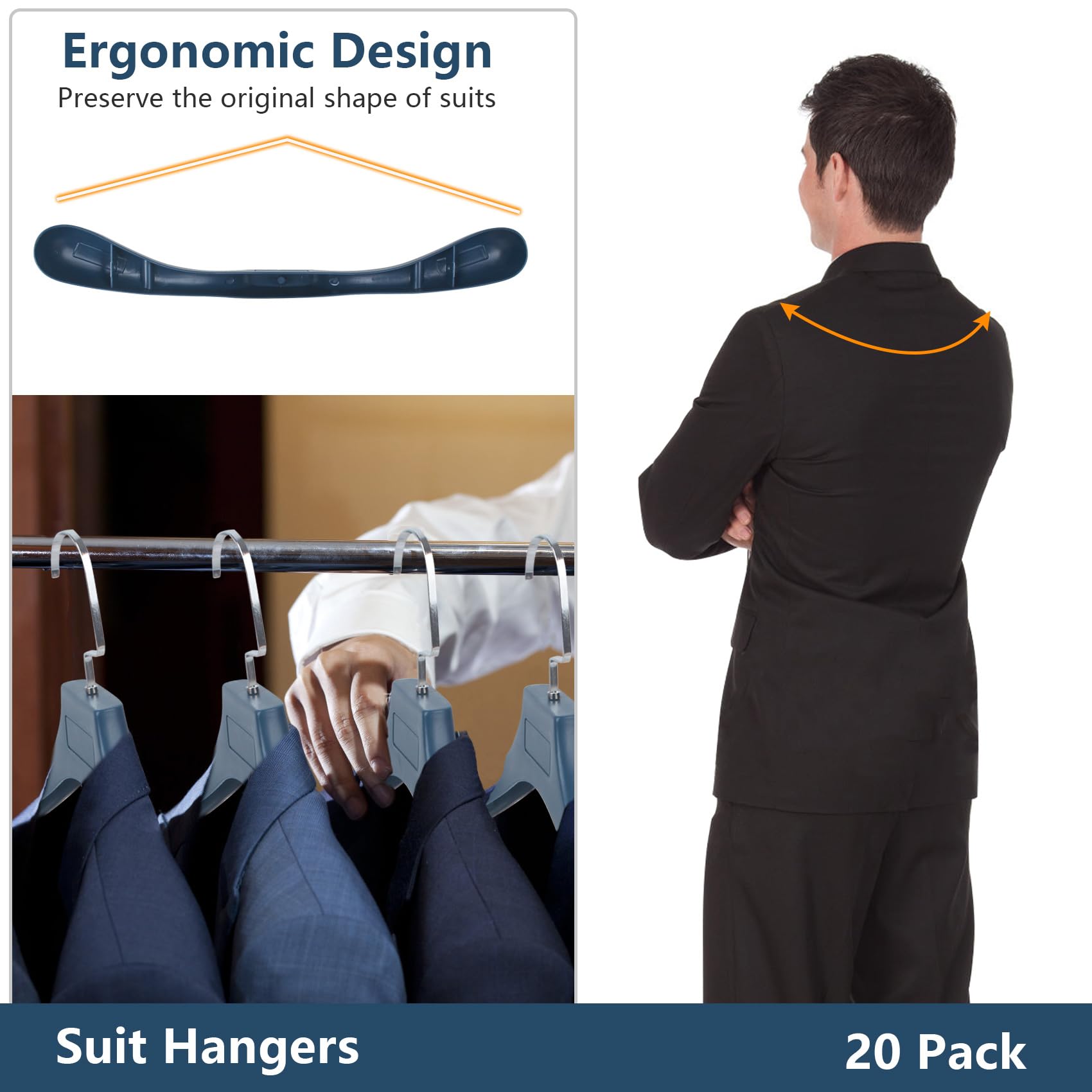 Dedu Plastic Extra Wide Shoulder Suit Hangers For Men 15 Pack Width 17.7'', Blue Sweater Hangers No Shoulder Bump Non Slip For T