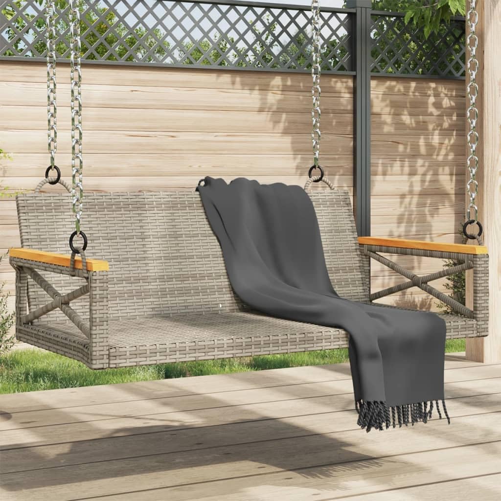 vidaXL Gray Poly Rattan Hanging Swing Bench - Outdoor Hammock Chair for Garden/Patio - Durable & Weather-Resistant with Powder-Coated Steel/Acacia Wood Frame, Fixing Rings, UV-Resistant