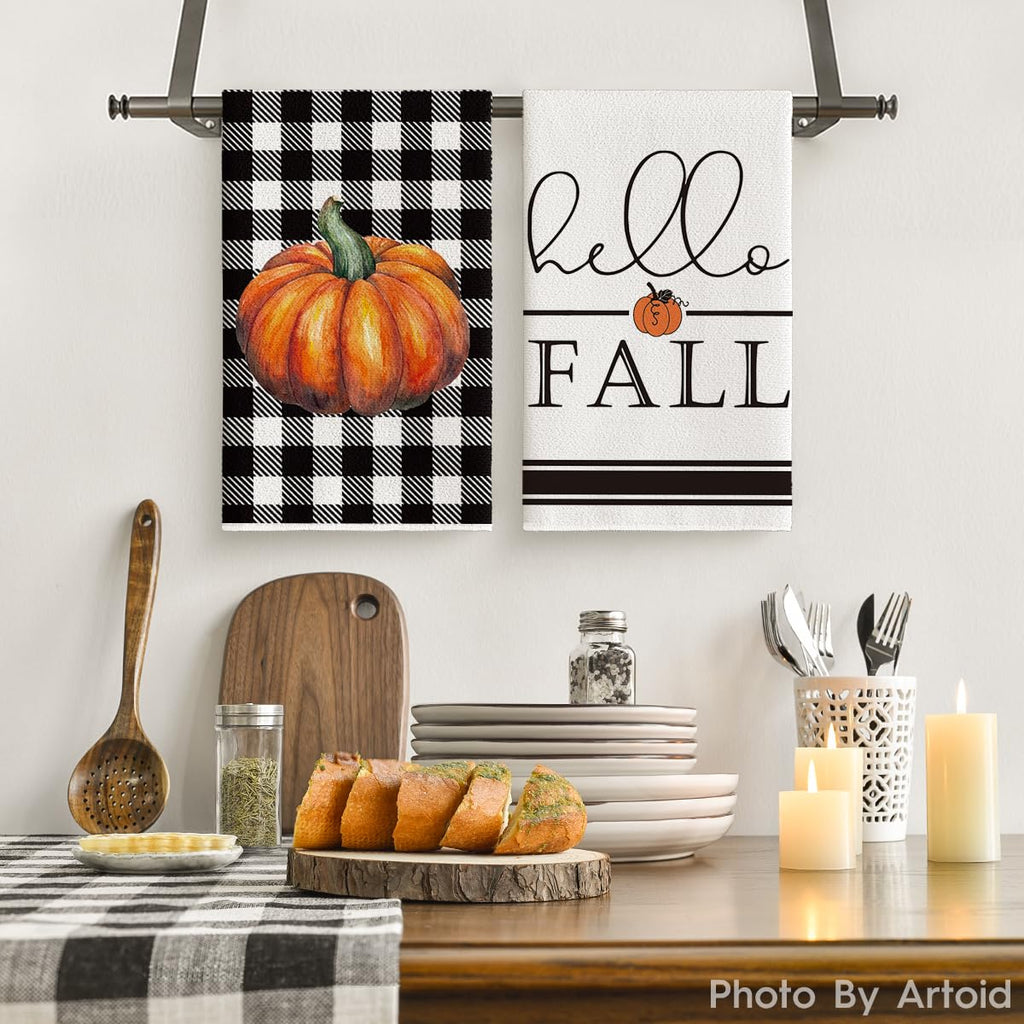 Artoid Mode Buffalo Plaid Pumpkin Hello Fall Kitchen Towels Dish Towels, 18X26 Inch Seasonal Decoration Hand Towels Set Of 2