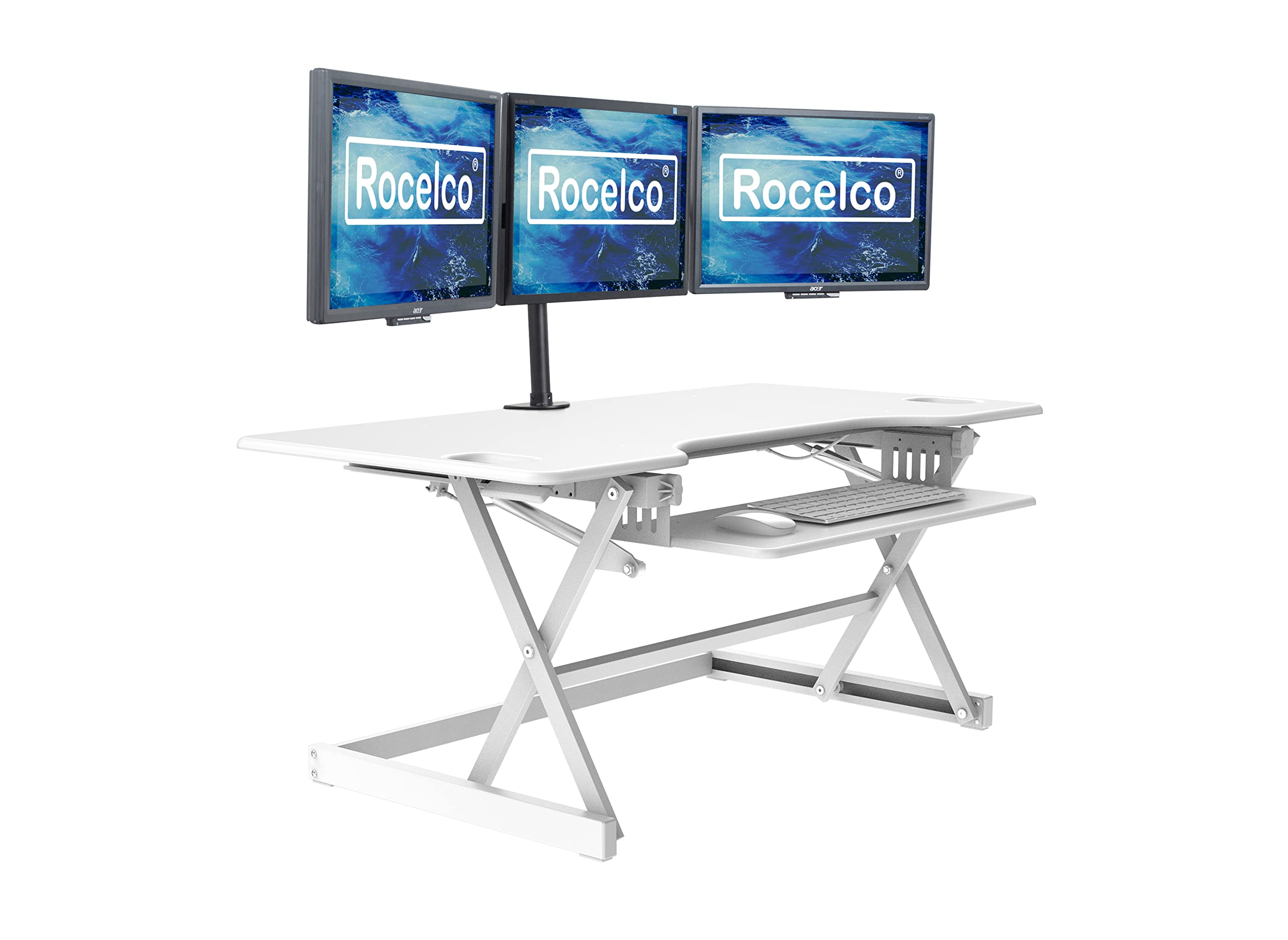 Rocelco 46" Large Height Adjustable Standing Desk Converter with Triple Monitor Mount BUNDLE - Quick Sit Stand Up Computer Workstation Riser - Retractable Keyboard Tray - White (R DADRW-46-DM3)