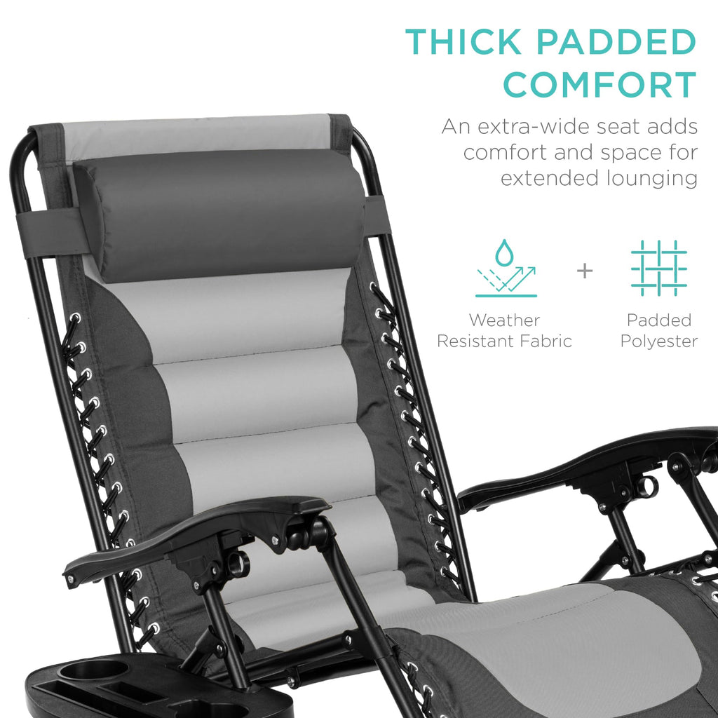 Best Choice Products Oversized Padded Zero Gravity Chair, Folding Outdoor Patio Recliner, Xl Anti Gravity Lounger For Backyard W/Headrest, Cup Holder, Side Tray, Polyester Mesh - Gray/Light Gray