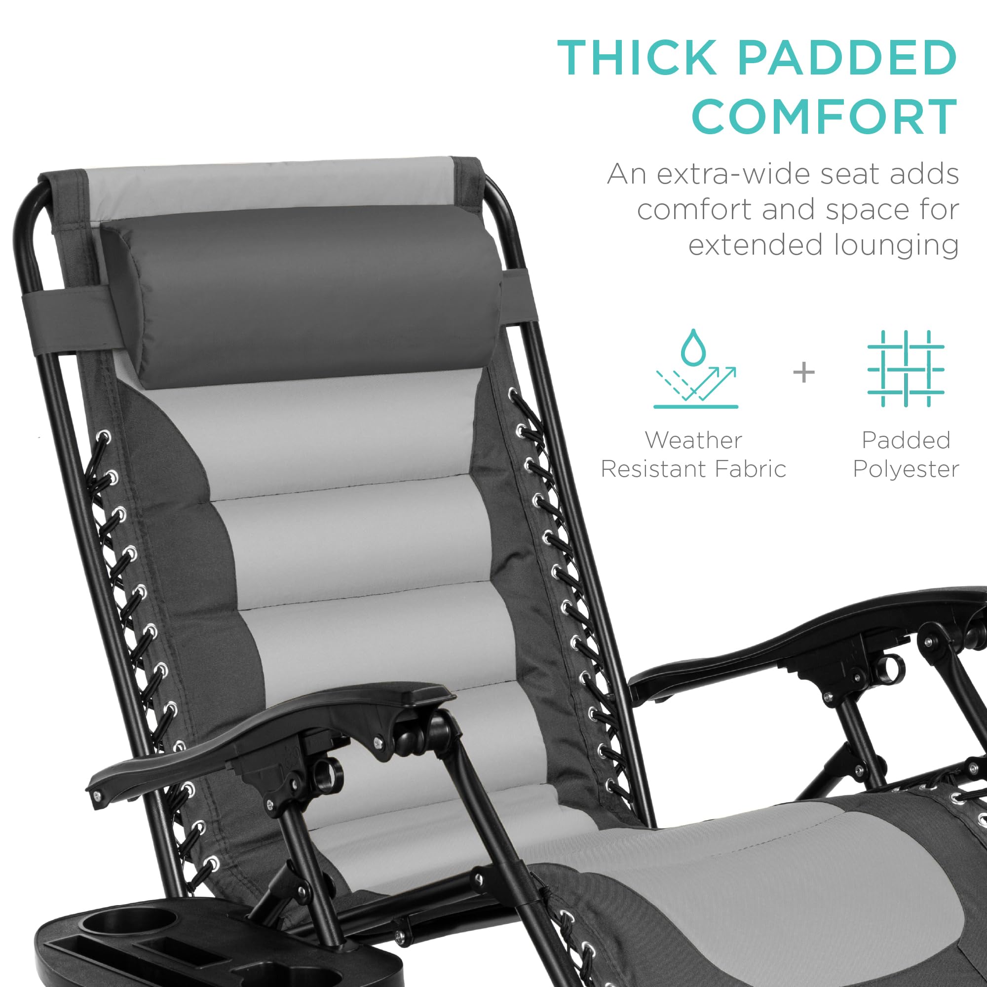 Best Choice Products Oversized Padded Zero Gravity Chair, Folding Outdoor Patio Recliner, Xl Anti Gravity Lounger For Backyard W/Headrest, Cup Holder, Side Tray, Polyester Mesh - Gray/Light Gray