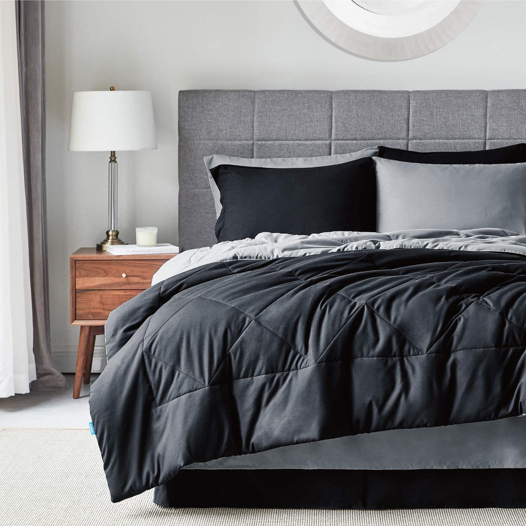 Bedsure Black California King 7 Pieces Reversible Bed Set Bed In A Bag With Comforters, Sheets, Pillowcases & Shams, Bedding Set