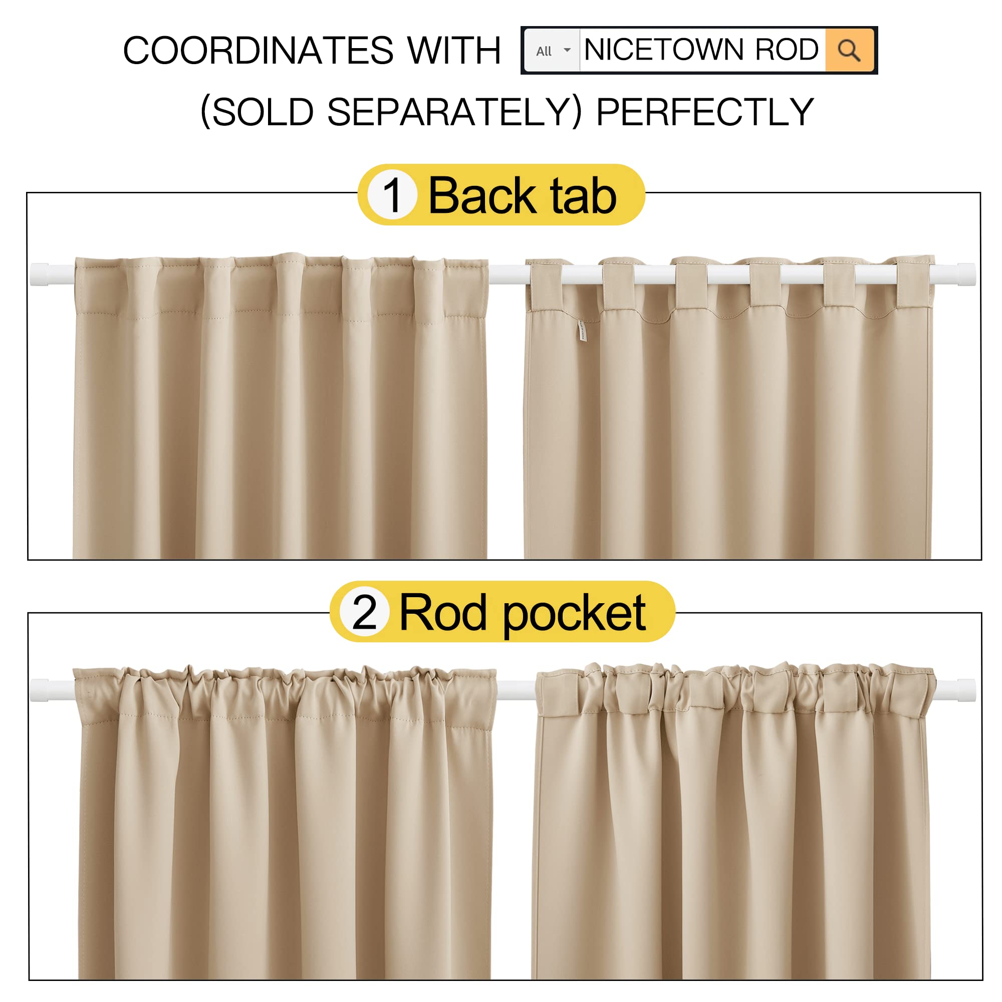 Nicetown Window Treatment Room Darkening Curtains - (Biscotti Beige Color) 34 Width X 72 Length, 1 Pair, Solid Thermal Insulated Blackout Rod Pocket & Back Tab Curtains And Drapes For Bedroom