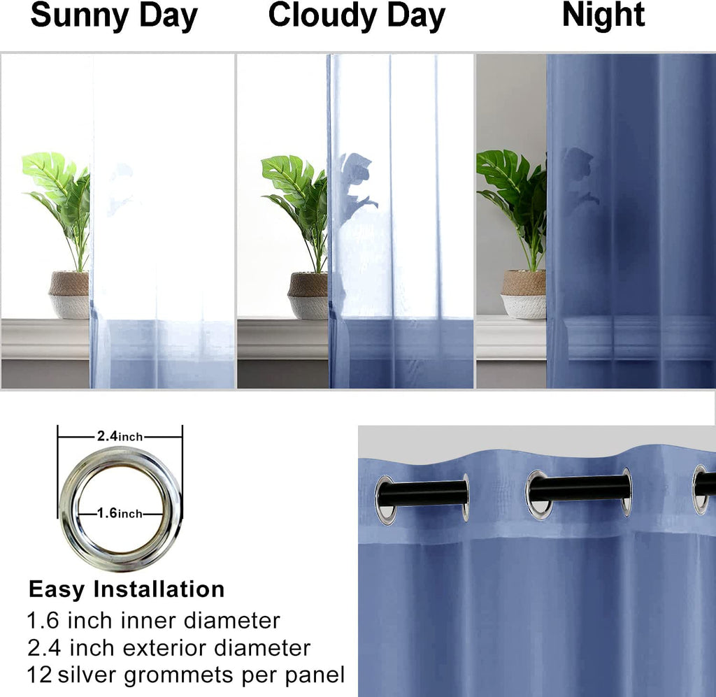 Hiasan Dusty Blue Sheer Curtains For Bedroom With Tiebacks, Grommet Light Filtering Extra Wide Voile Texture Window Curtains For Living Room, Kids' Room And Nursery, W70 X L84, 2 Soft Drape Panels