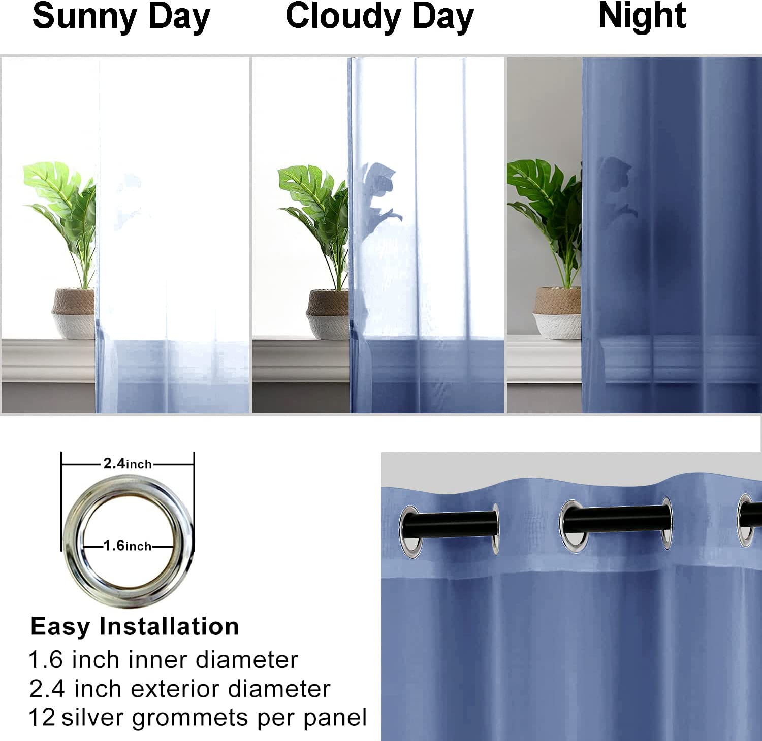 Hiasan Dusty Blue Sheer Curtains For Bedroom With Tiebacks, Grommet Light Filtering Extra Wide Voile Texture Window Curtains For Living Room, Kids' Room And Nursery, W70 X L84, 2 Soft Drape Panels
