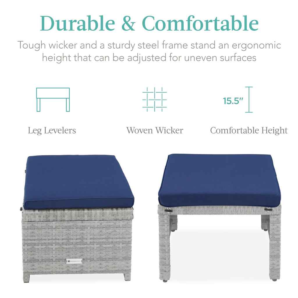 Best Choice Products Set Of 2 Wicker Ottomans, Multipurpose Outdoor Furniture For Patio, Backyard, Additional Seating, Footrest, Side Table W/Removable Cushions, Steel Frame - Gray/Navy